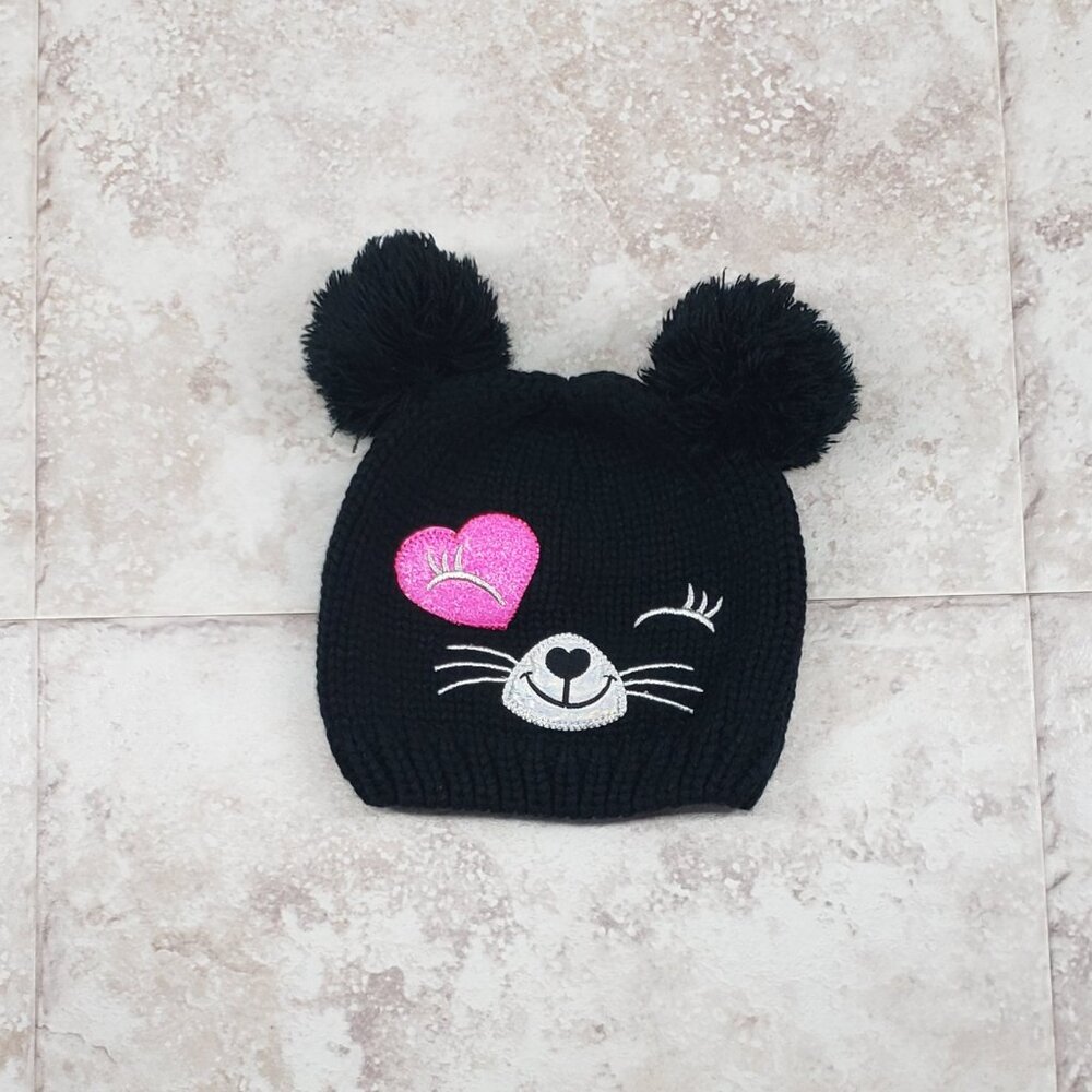 Animal Black Bunny Cat Double Pom Girls Knit Beanie Hat Embroidered Toboggan